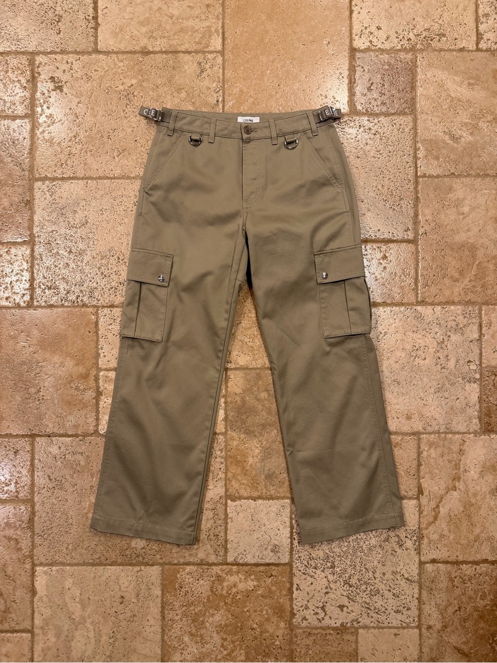 Celine x Hedi Twill Khaki Logo Cargo Trouser Pants